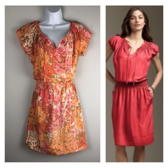 Talbots 100% Silk Smocked Blouson Knee Length Spring Summer Dress Print Pockets - Picture 1 of 16